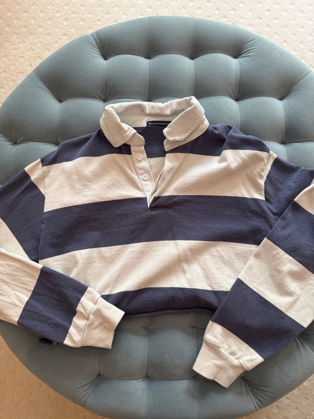 Cropped Striped Rugby Polo in Navy and Cream